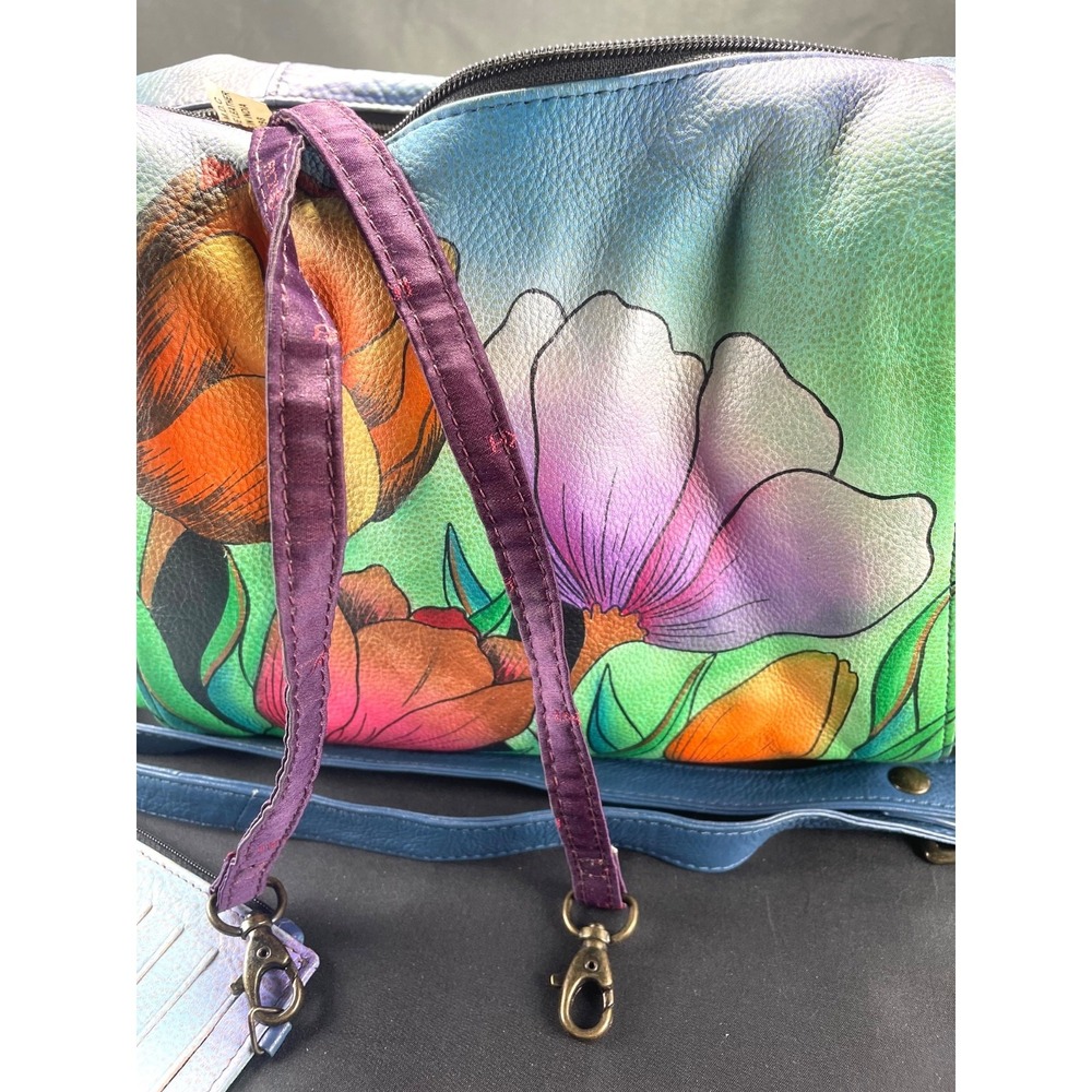 Anuschka Hand Painted Leather Floral Hobo Crossbody Bag Wallet Key Strap - Picture 6 of 9